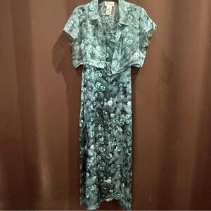 Y2K Jodi Michaels Blue Floral Maxi Dress w/Sheer Short Sleeve Cover, Size 13/14